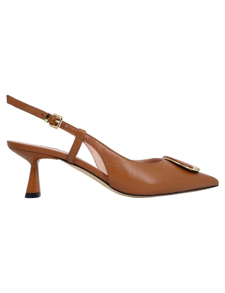 Spatarella Decollete slingback donna in pelle cuoio con tacco basso e fibbia in oro Lightning offer