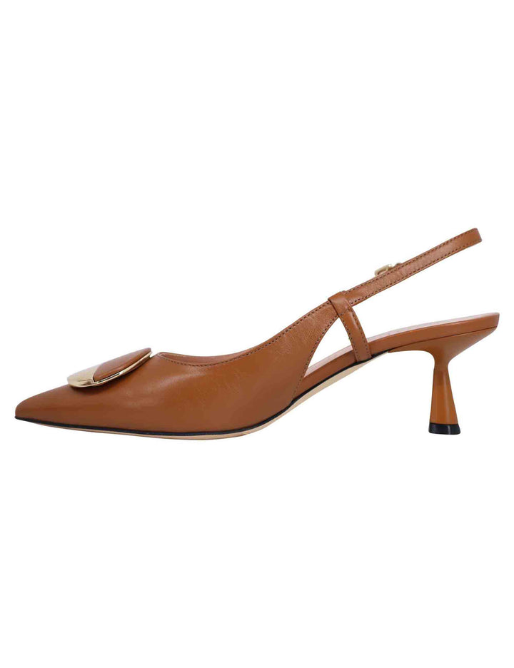 Spatarella Decollete slingback donna in pelle cuoio con tacco basso e fibbia in oro Lightning offer