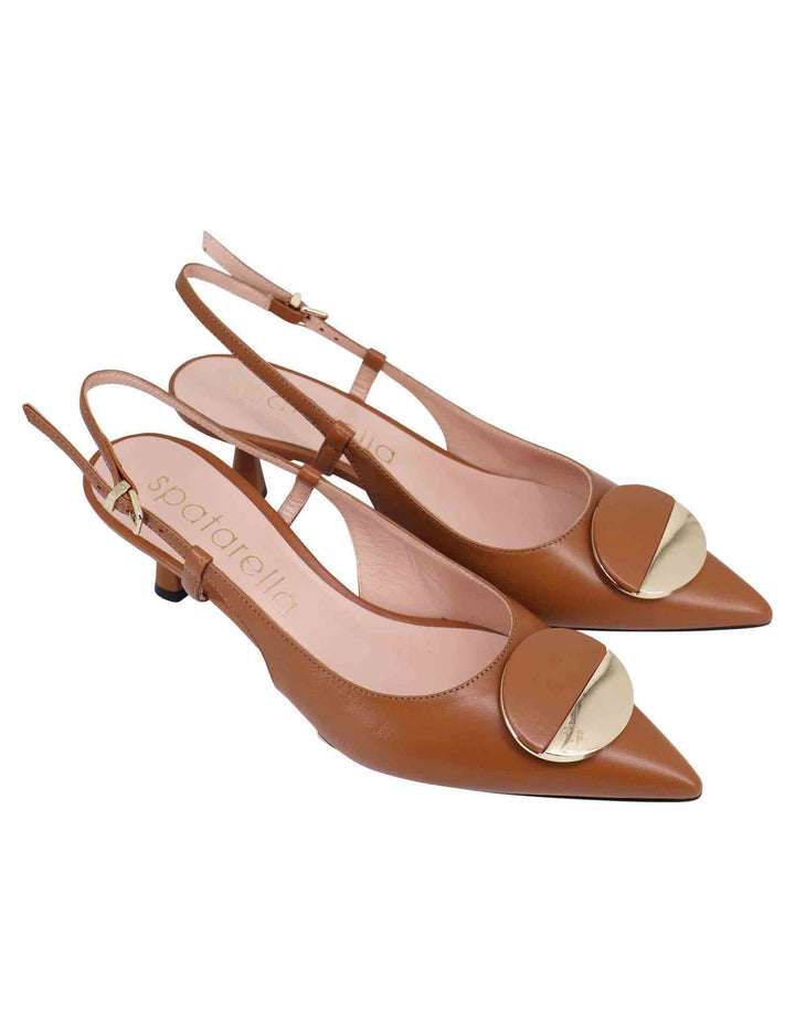Spatarella Decollete slingback donna in pelle cuoio con tacco basso e fibbia in oro Lightning offer
