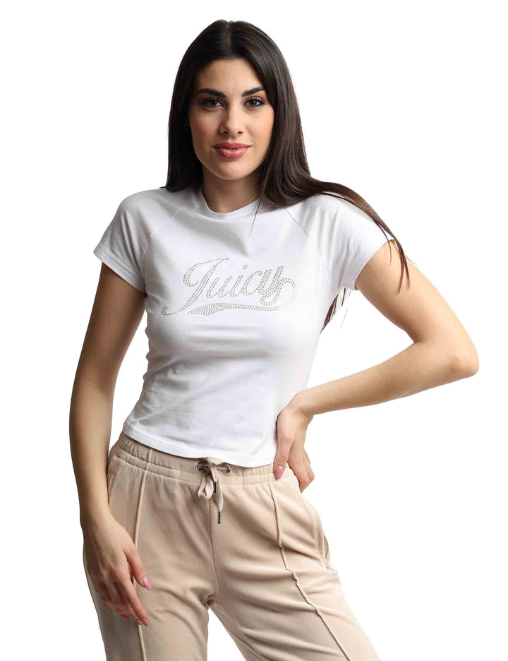Spatarella T-shirts donna Ryder Rodeo in cotone bianco a girocollo con strass Offerte stagionali