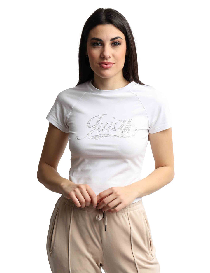 Spatarella T-shirts donna Ryder Rodeo in cotone bianco a girocollo con strass Offerte stagionali