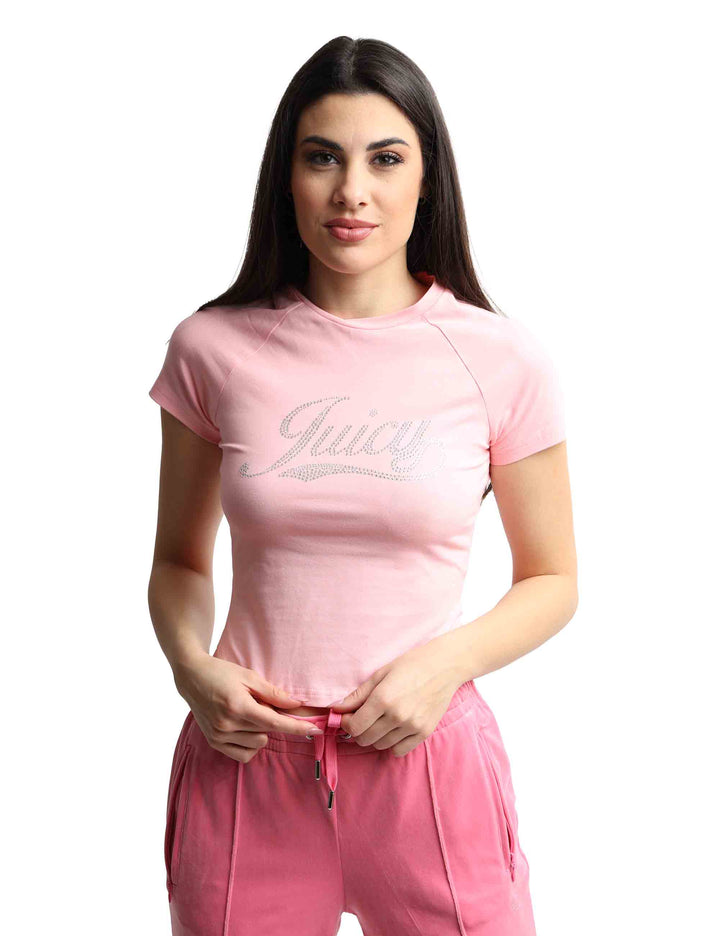 Spatarella T-shirts donna Ryder Rodeo in cotone rosa a girocollo con strass Rilascio limitato