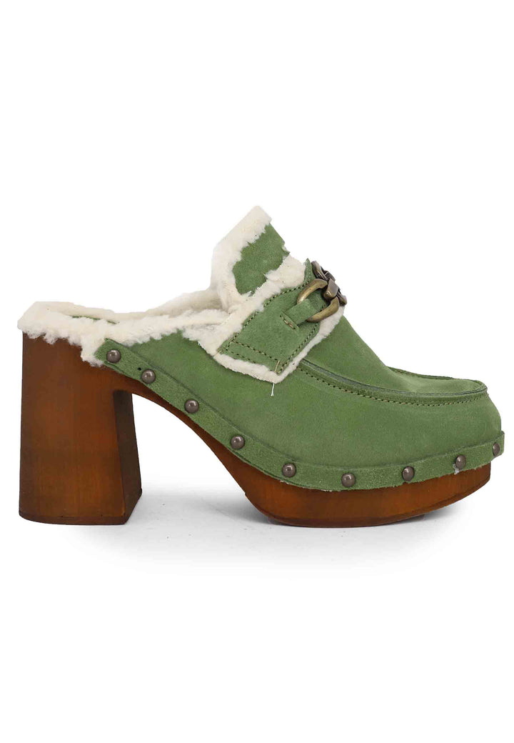 Spatarella Zoccoli donna in camoscio verde con fodera in eco fur e tacco alto Latest stili