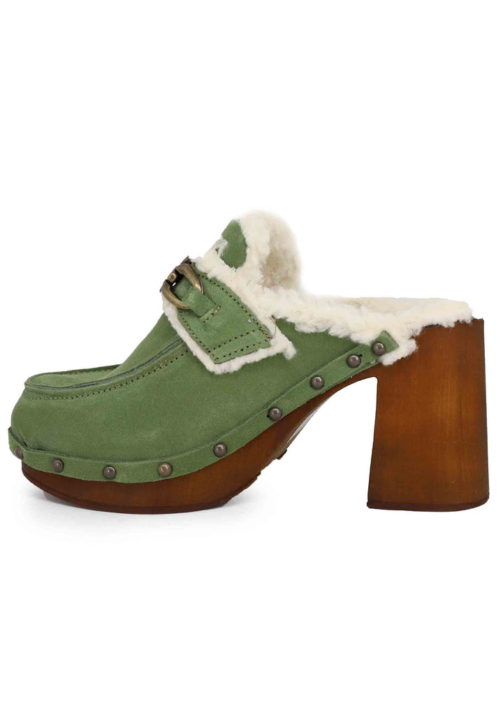 Spatarella Zoccoli donna in camoscio verde con fodera in eco fur e tacco alto Latest stili