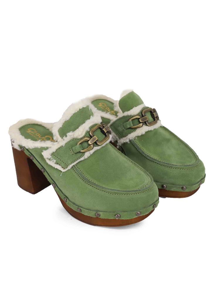 Spatarella Zoccoli donna in camoscio verde con fodera in eco fur e tacco alto Latest stili