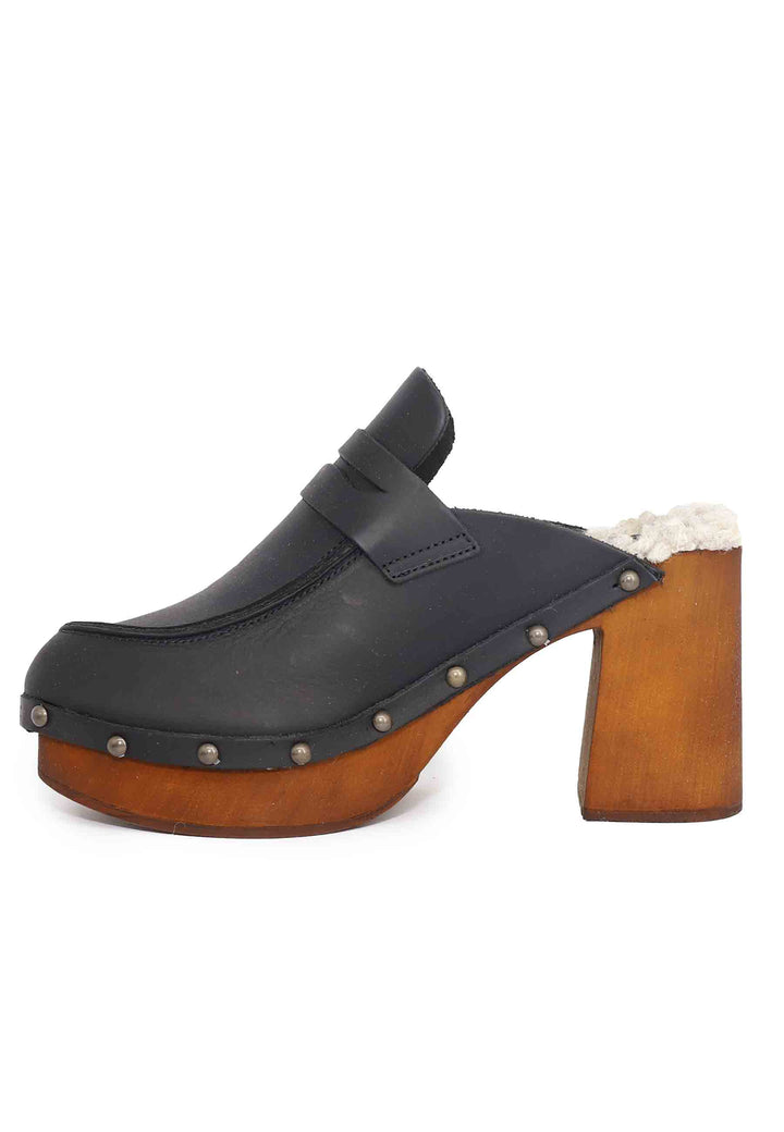 Spatarella Zoccoli donna in pelle nera con sottopiede in eco fur e tacco alto Ultimi due giorni