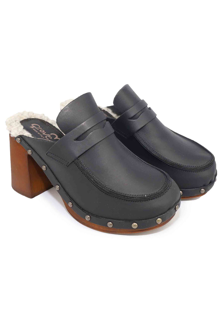 Spatarella Zoccoli donna in pelle nera con sottopiede in eco fur e tacco alto Ultimi due giorni