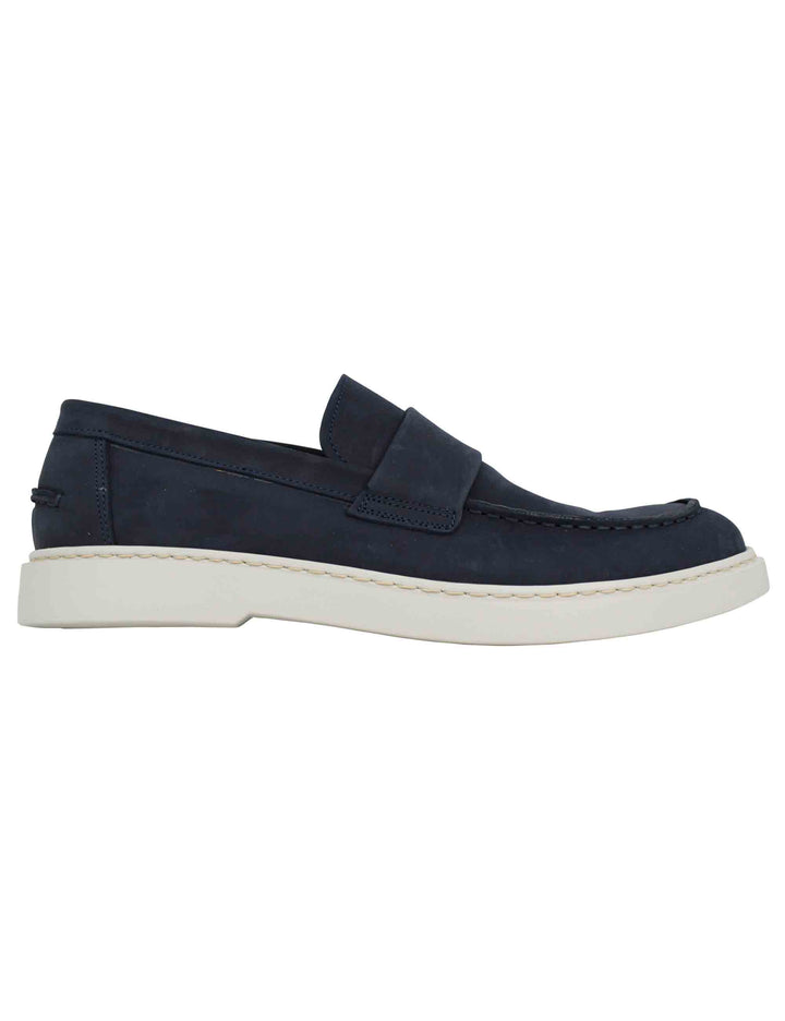 Spatarella Mocassini uomo in camoscio blu con suola in gomma bianca 50% di sconto per tempo limitato