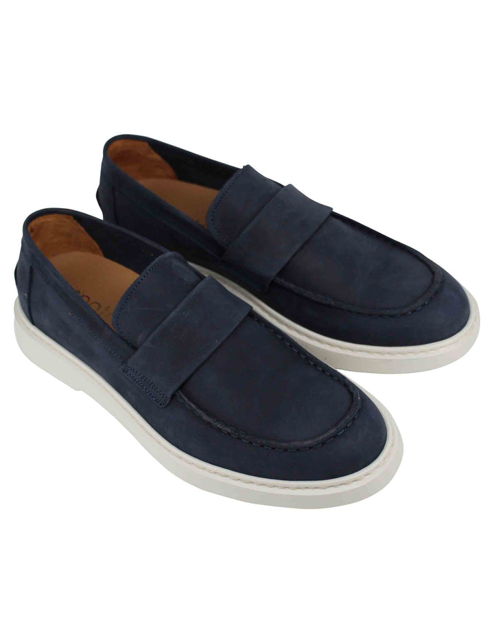 Spatarella Mocassini uomo in camoscio blu con suola in gomma bianca 50% di sconto per tempo limitato
