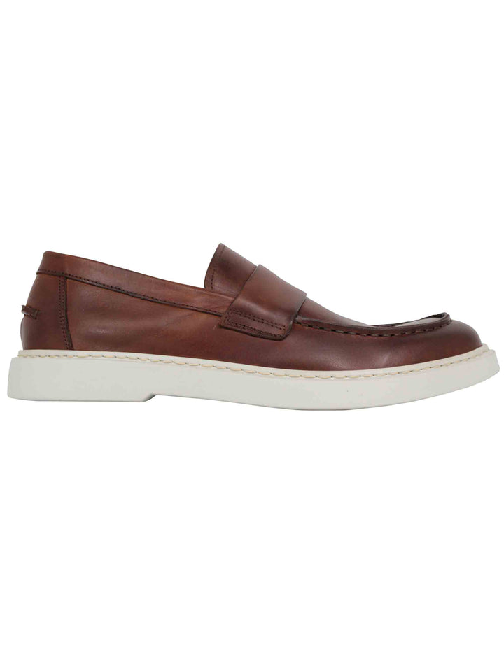 Spatarella Mocassini uomo in pelle marrone con suola in gomma bianca Italy