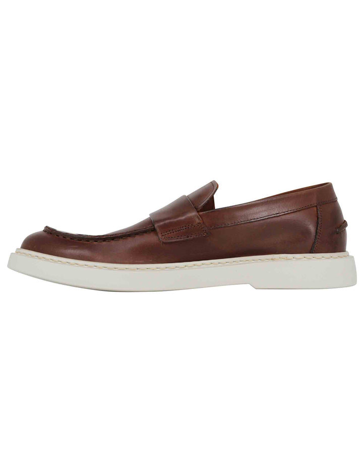 Spatarella Mocassini uomo in pelle marrone con suola in gomma bianca Italy