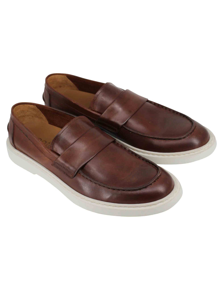 Spatarella Mocassini uomo in pelle marrone con suola in gomma bianca Italy