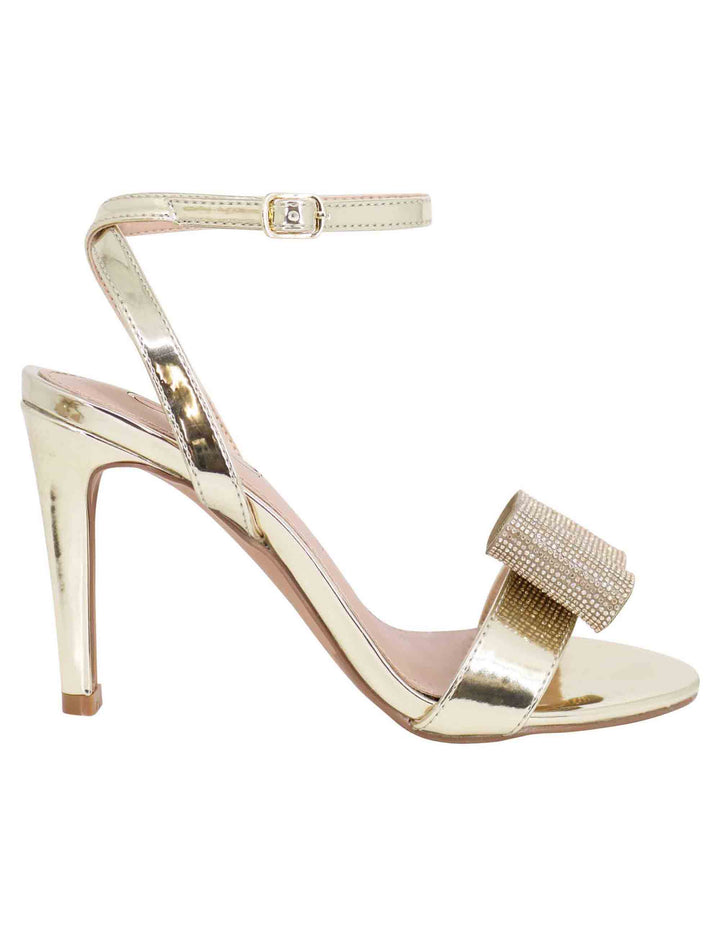 Spatarella Sandali donna in eco pelle laminata oro con tacco alto e strass Novità