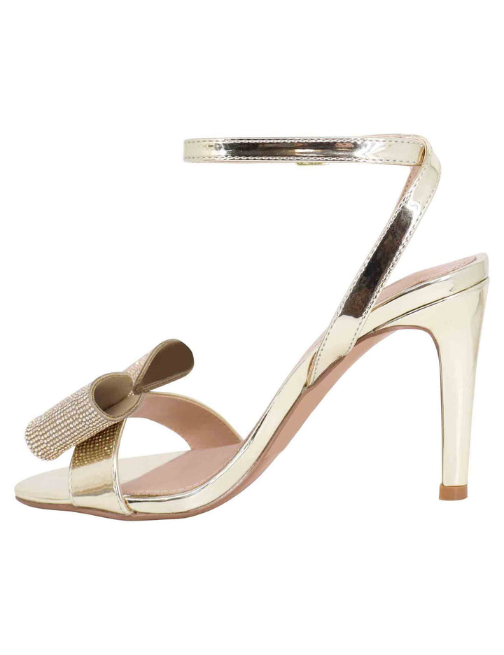 Spatarella Sandali donna in eco pelle laminata oro con tacco alto e strass Novità