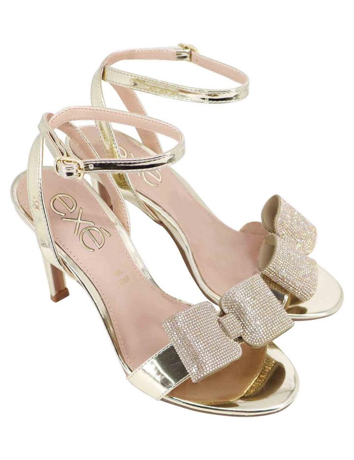 Spatarella Sandali donna in eco pelle laminata oro con tacco alto e strass Novità