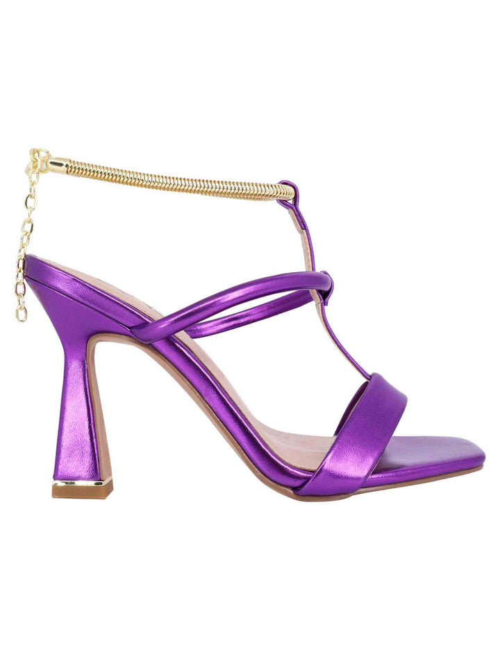 Spatarella Sandali donna in eco pelle viola con tacco alto e cavigliera morbida in oro Economico