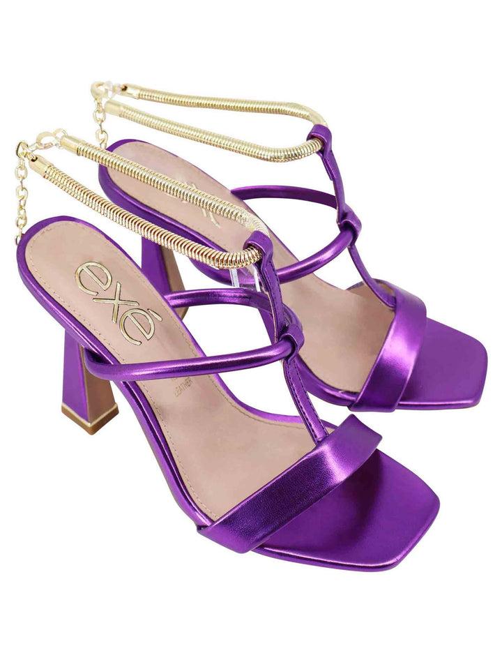 Spatarella Sandali donna in eco pelle viola con tacco alto e cavigliera morbida in oro Economico