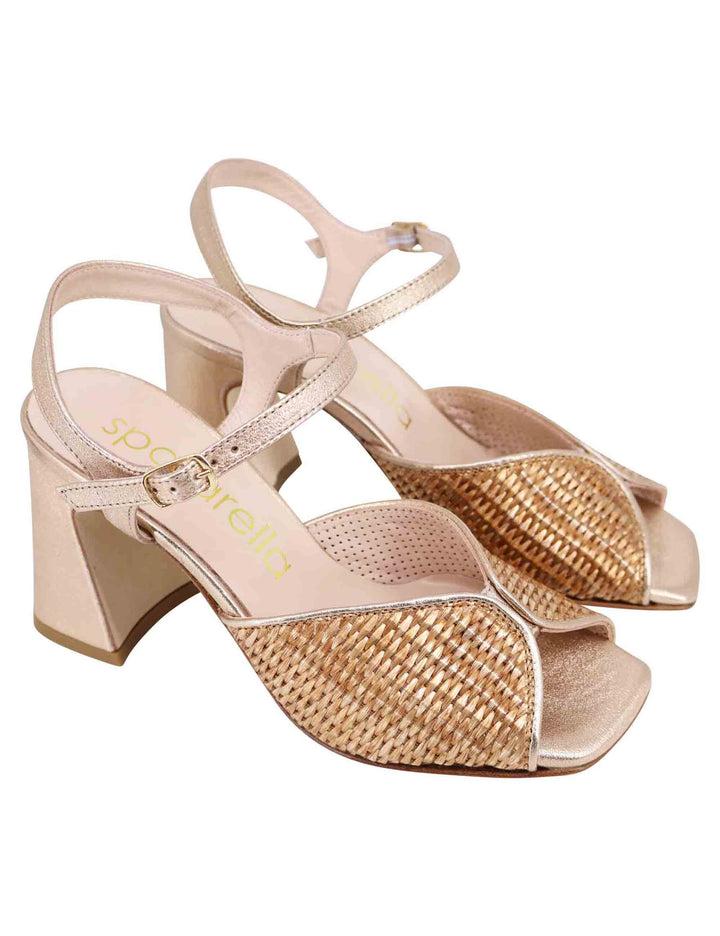 Spatarella Sandali donna in pelle oro laminata con tacco alto e cinturino alla caviglia Online