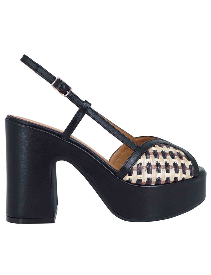 Spatarella Sandali donna slingback in pelle nera bicolore con tacco alto e plateau Saldi