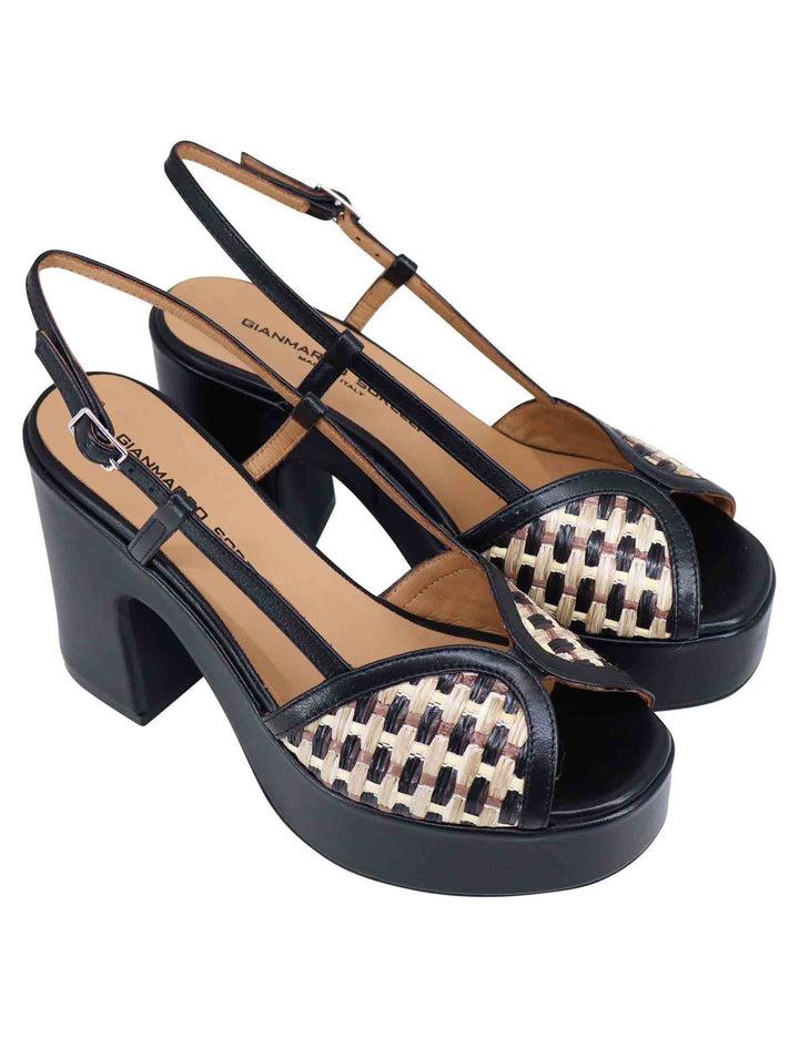 Spatarella Sandali donna slingback in pelle nera bicolore con tacco alto e plateau Saldi