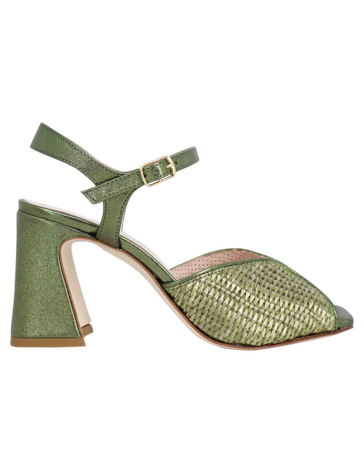 Spatarella Sandali donna in pelle verde laminata con tacco alto e cinturino alla caviglia Offerte