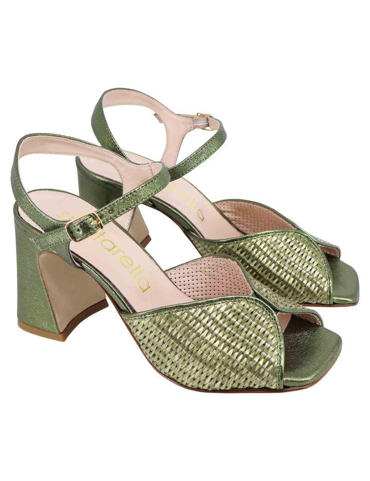 Spatarella Sandali donna in pelle verde laminata con tacco alto e cinturino alla caviglia Offerte
