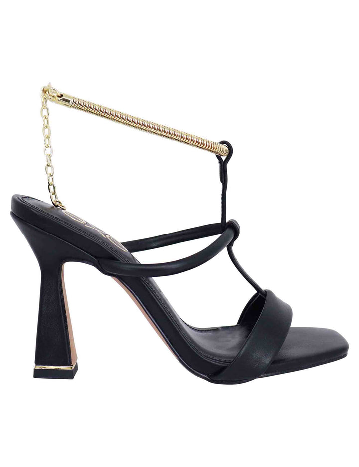 Spatarella Sandali donna in eco pelle nera con tacco alto e cavigliera morbida in oro Vendita Economica