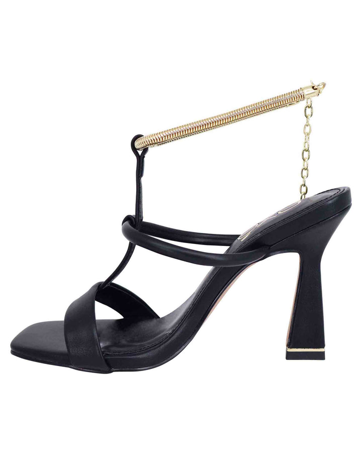Spatarella Sandali donna in eco pelle nera con tacco alto e cavigliera morbida in oro Vendita Economica