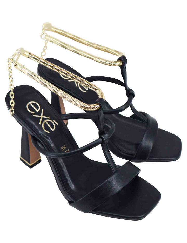Spatarella Sandali donna in eco pelle nera con tacco alto e cavigliera morbida in oro Vendita Economica