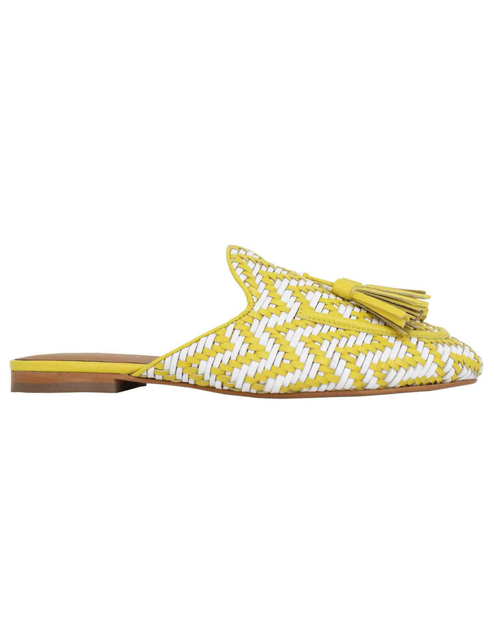 Spatarella Sabot donna in pelle intrecciata bianca e giallo con nappine e tacco basso Nuova