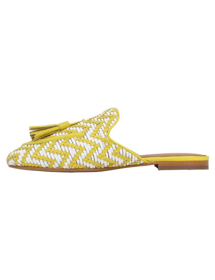 Spatarella Sabot donna in pelle intrecciata bianca e giallo con nappine e tacco basso Nuova