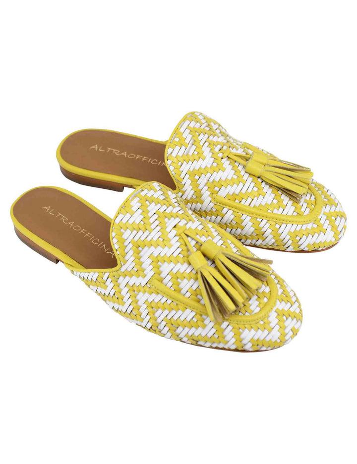 Spatarella Sabot donna in pelle intrecciata bianca e giallo con nappine e tacco basso Nuova