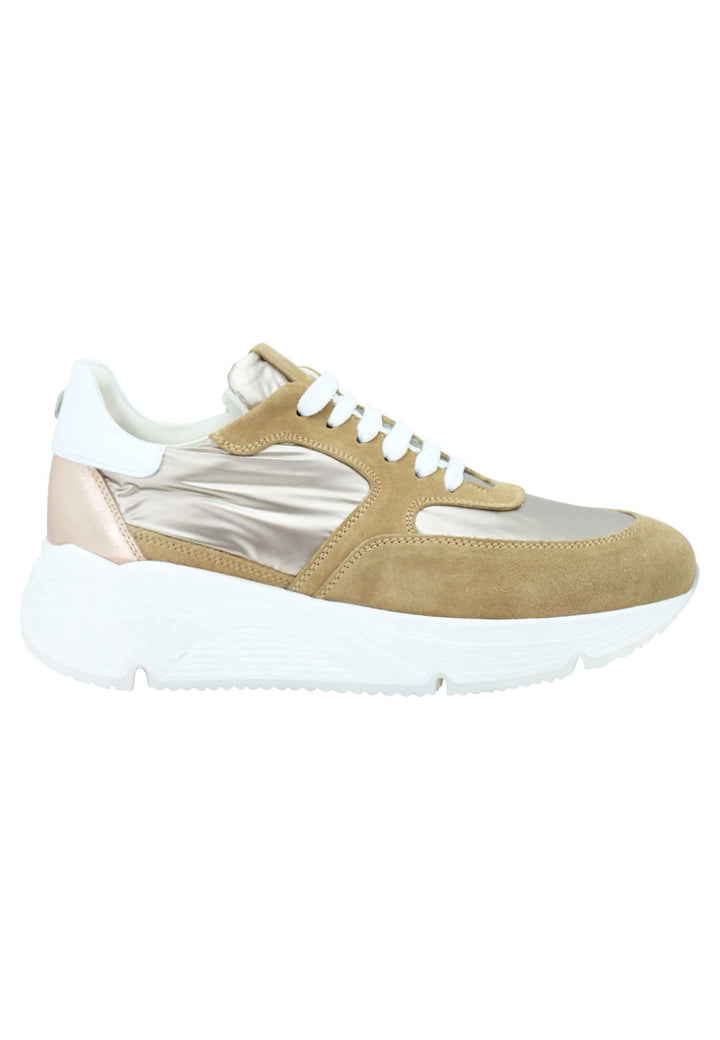 Spatarella Sneakers donna in pelle e tessuto cammello con fondo gomma bianco Flash Sale