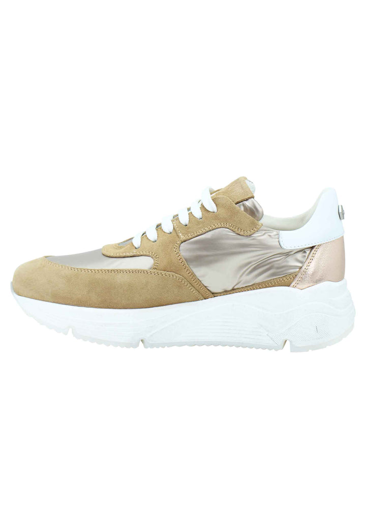 Spatarella Sneakers donna in pelle e tessuto cammello con fondo gomma bianco Flash Sale