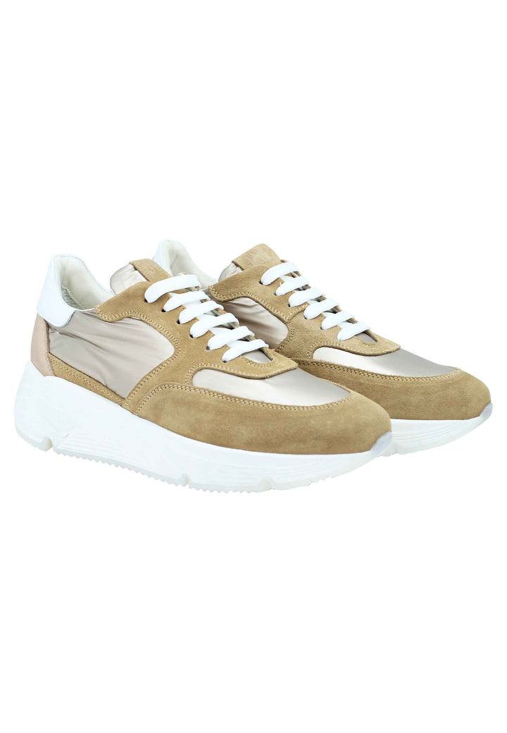 Spatarella Sneakers donna in pelle e tessuto cammello con fondo gomma bianco Flash Sale