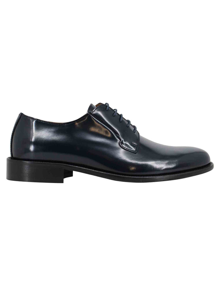 Spatarella Stringate uomo in pelle lucida blu con suola in cuoio cucita Latest stili
