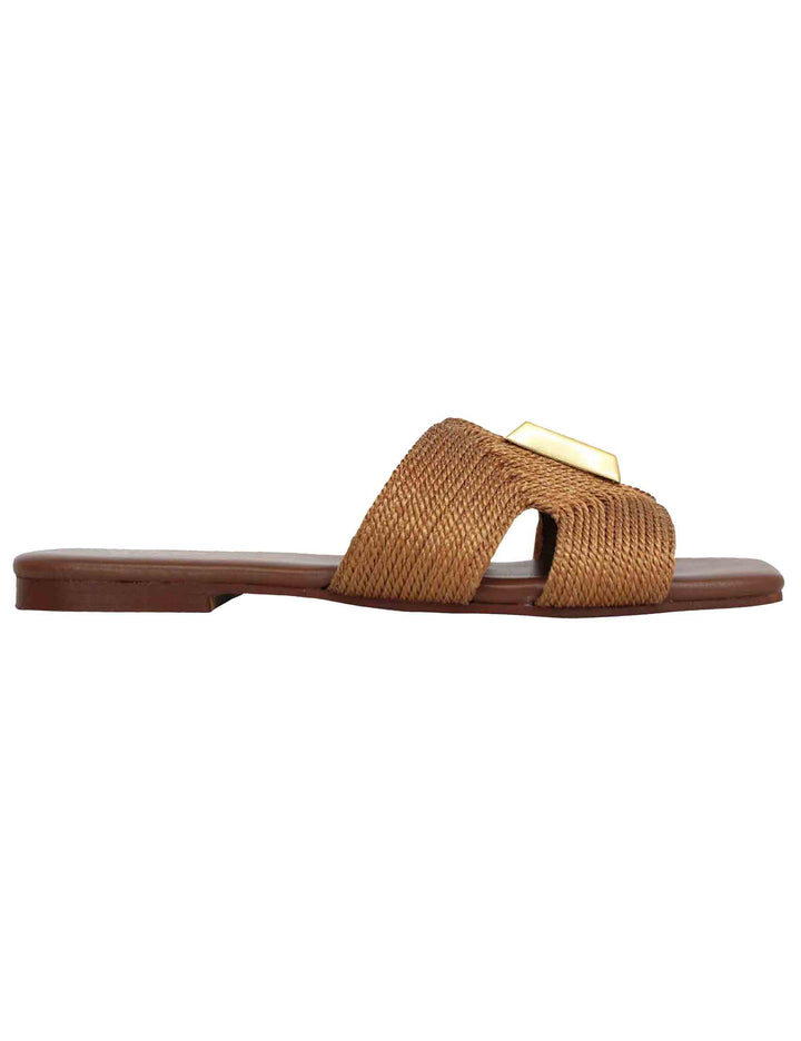 Spatarella Sandali flat donna in tessuto cuoio con borchia in oro e punta quadra Promozione temporanea