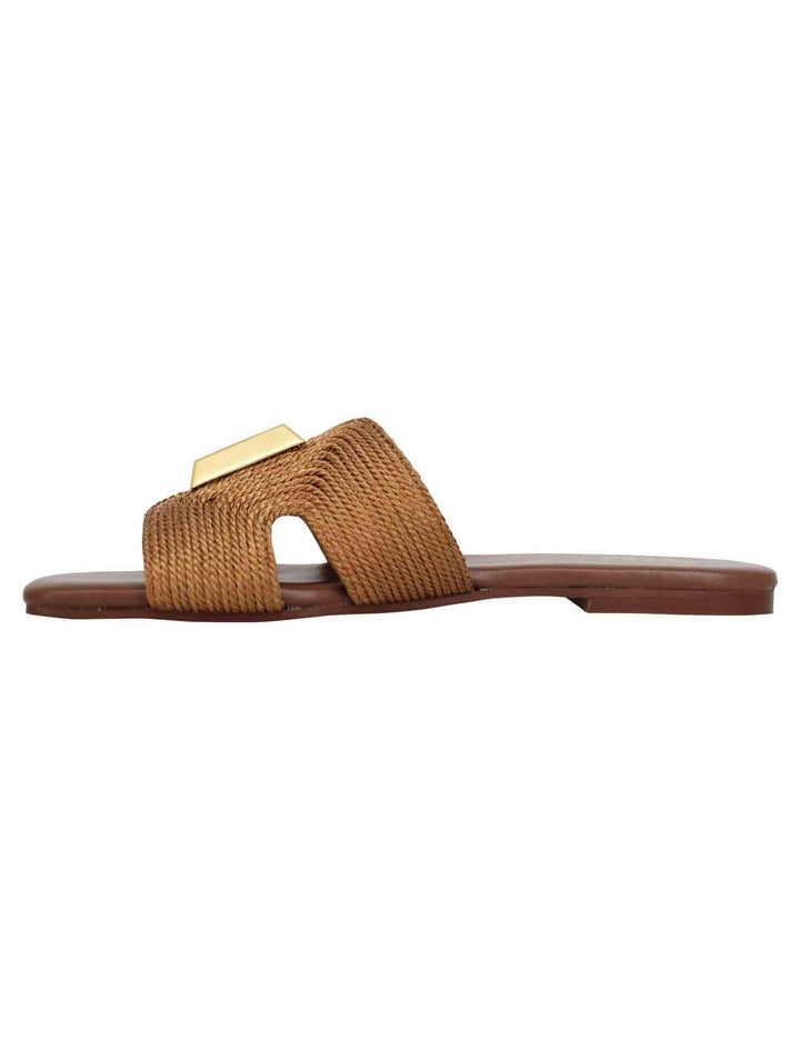 Spatarella Sandali flat donna in tessuto cuoio con borchia in oro e punta quadra Promozione temporanea
