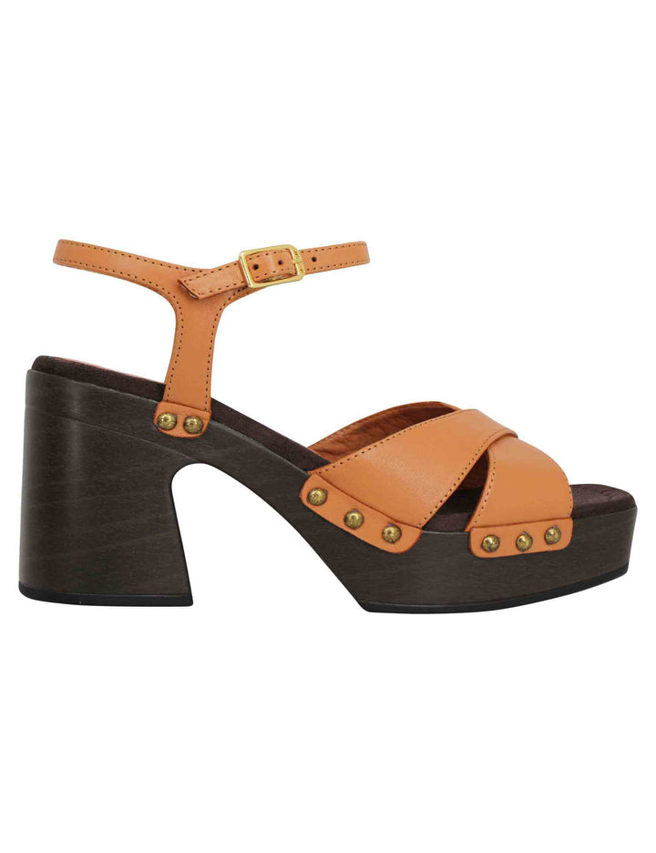 Spatarella Sandali zoccoli donna in pelle cuoio ad incrocio con tacco alto e cinturino alla caviglia Fino al 65% di sconto