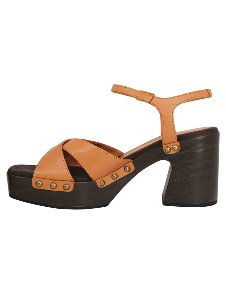 Spatarella Sandali zoccoli donna in pelle cuoio ad incrocio con tacco alto e cinturino alla caviglia Fino al 65% di sconto