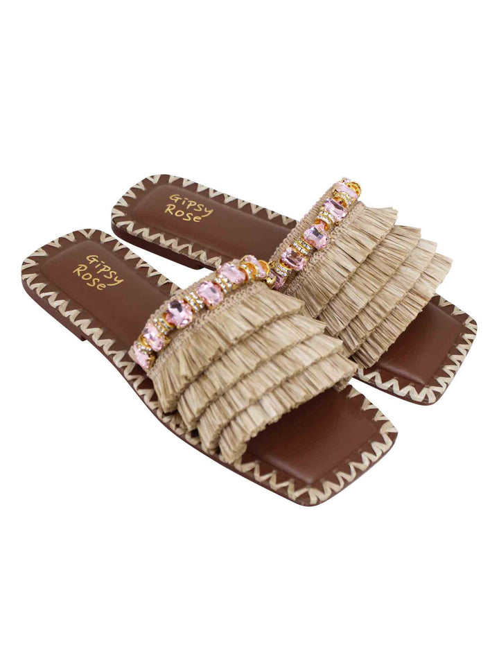 Spatarella Sandali flat donna in rafia beige con pietre e punta quadra Offerta speciale della fabbrica