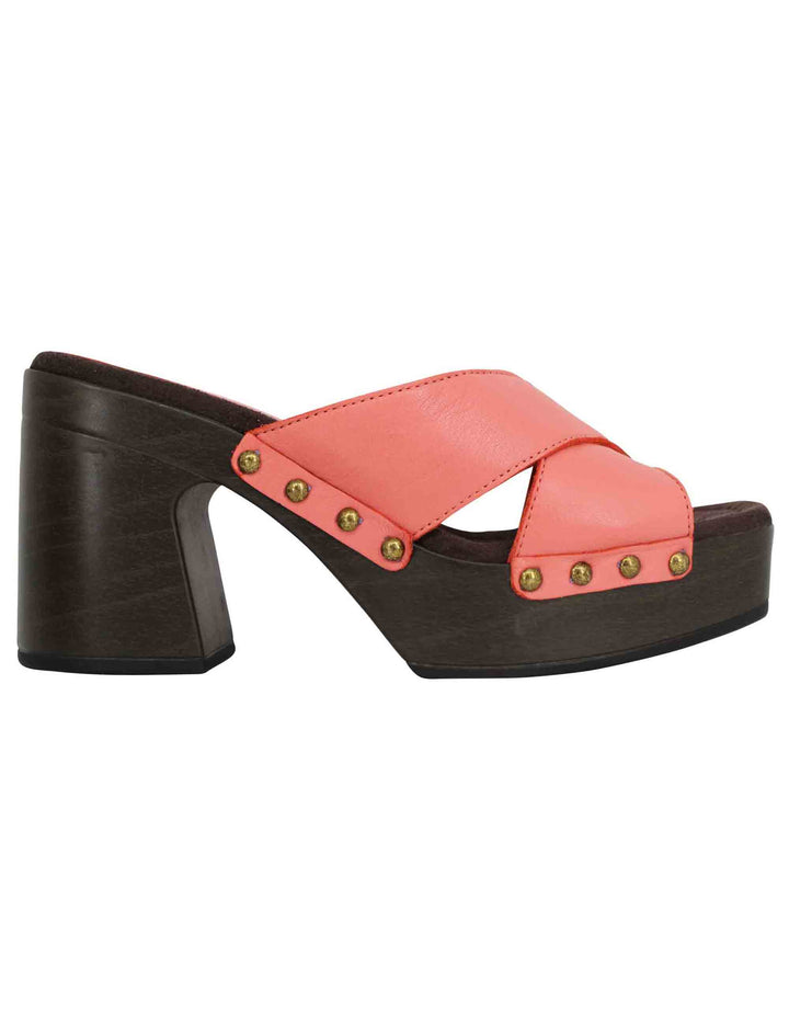 Spatarella Sandali zoccoli donna in pelle rosa ad incrocio con tacco alto Fino al 55% di sconto