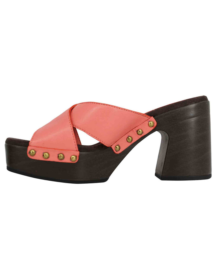 Spatarella Sandali zoccoli donna in pelle rosa ad incrocio con tacco alto Fino al 55% di sconto