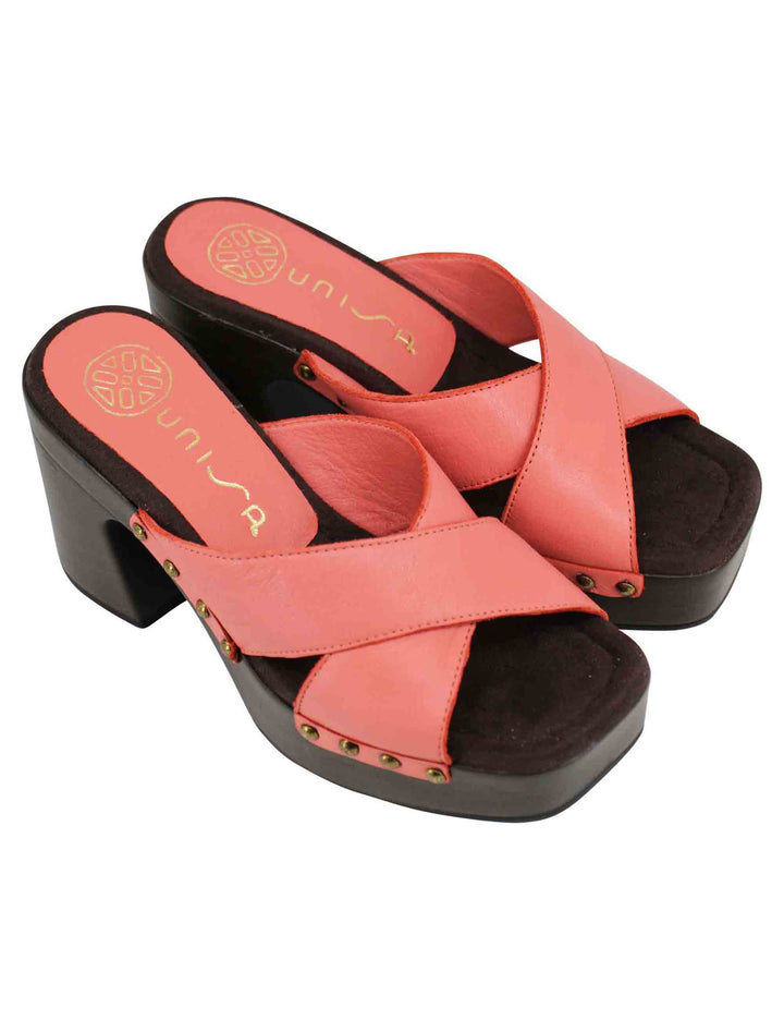 Spatarella Sandali zoccoli donna in pelle rosa ad incrocio con tacco alto Fino al 55% di sconto