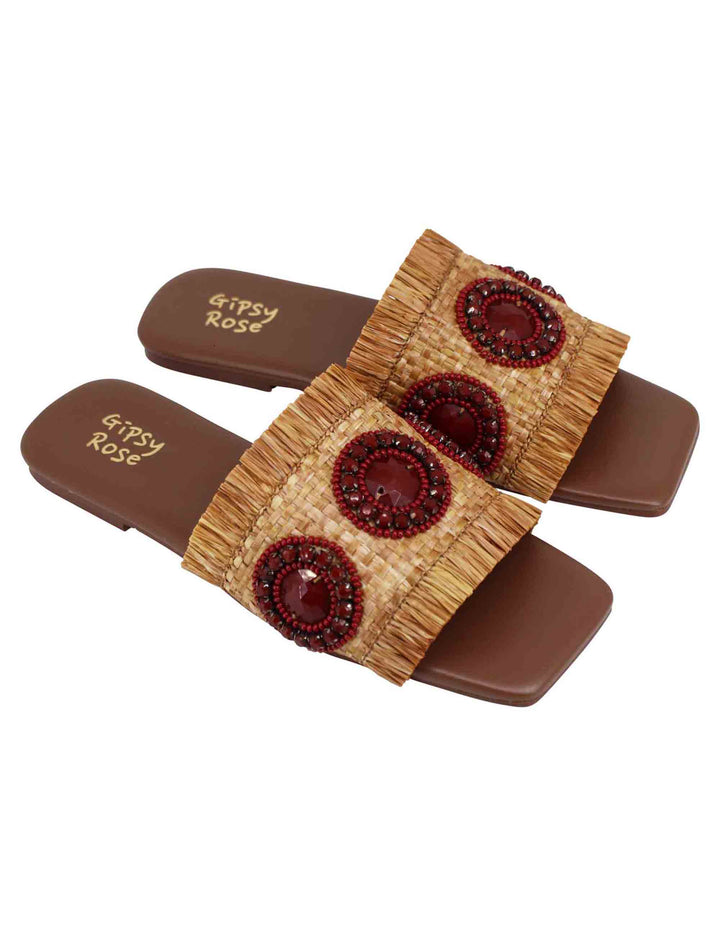 Spatarella Sandali flat donna in rafia cuoio con accessori e punta quadra Discount Store per i nuovi prodotti