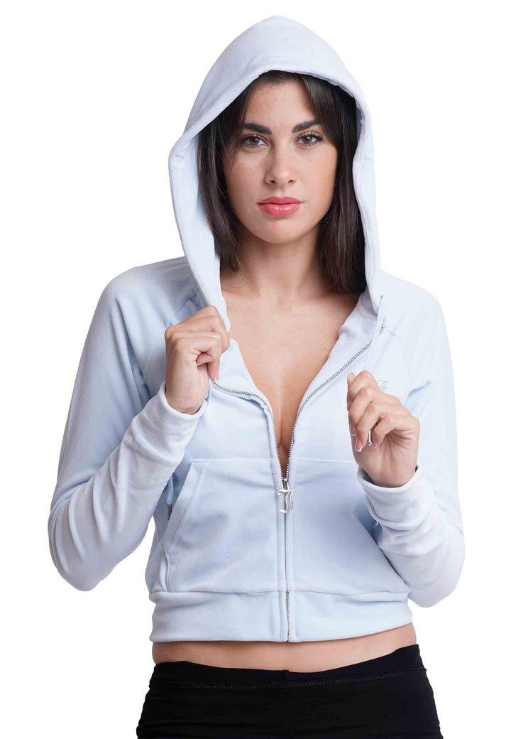 Spatarella Felpa donna Diamond in velluto celeste con cappuccio e strass In Linea