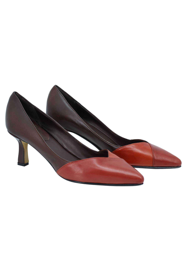 Spatarella Decollete donna in pelle bi colore marrone e mattone tacco basso Qualità Garantita