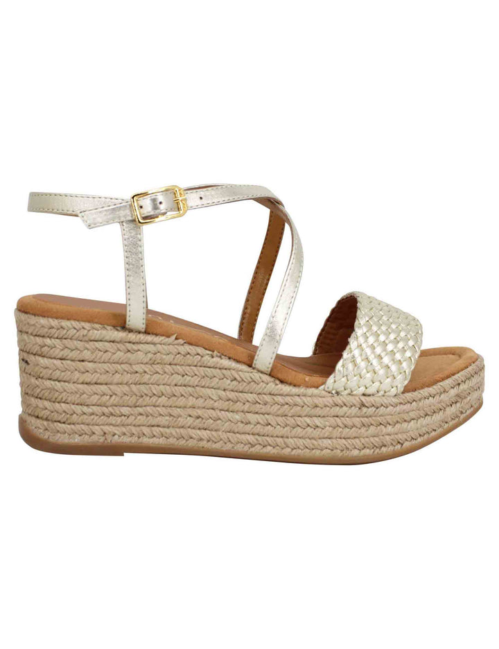 Spatarella Sandali donna in pelle laminata platino intrecciata con zeppa in corda Grande vendita