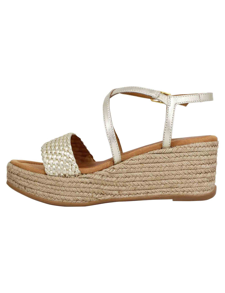 Spatarella Sandali donna in pelle laminata platino intrecciata con zeppa in corda Grande vendita