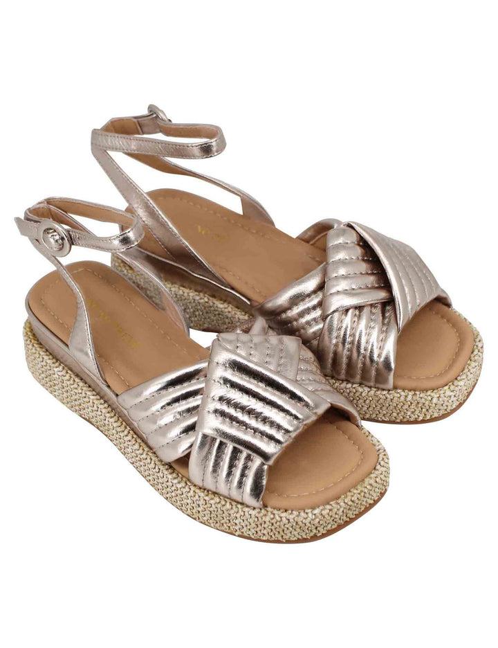 Spatarella Sandali donna in pelle laminata platino con zeppa in corda e cinturino alla caviglia Online Outlet